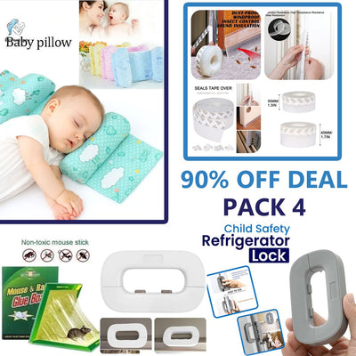 90% Off Pack Of 4 Deal Baby Pillow + Door Seal Tape + Fridge Lock + Mouse Glue Trap - With Free Delivery Charges