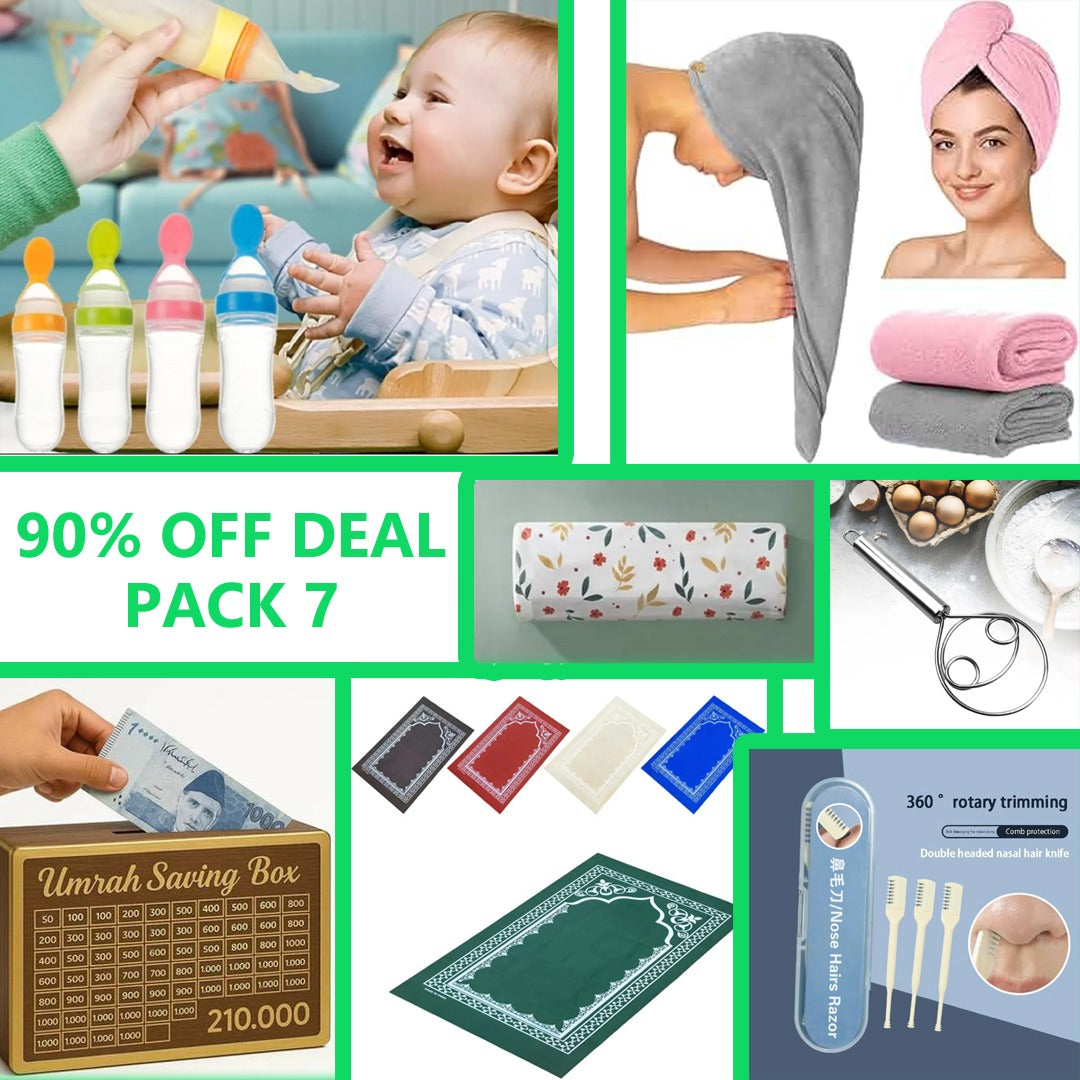 90% Off Pack Of 7 Deal Baby Feeding Spoon Bottle + Hair Towel Wrap + AC Dust Cover + Baking Whisk + Umrah Saving Box + Prayer Mat + Nose Hair Trimmer - With Free Delivery Delivery
