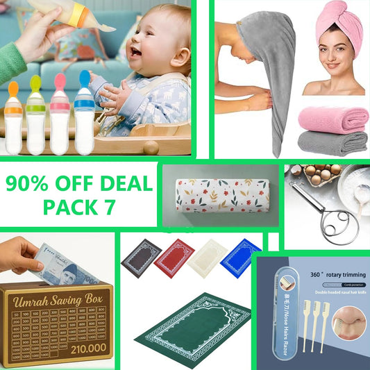 90% Off Pack Of 7 Deal Baby Feeding Spoon Bottle + Hair Towel Wrap + AC Dust Cover + Baking Whisk + Umrah Saving Box + Prayer Mat + Nose Hair Trimmer - With Free Delivery Delivery